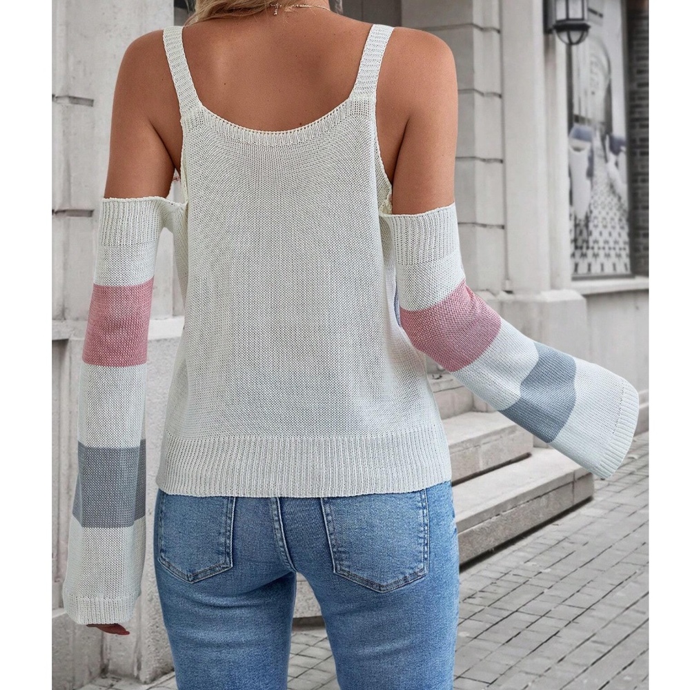 Color Block Cold Shoulder Colorful Sweater Top - Picture 4 of 6